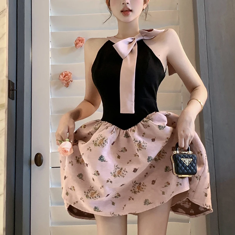 Francia Stílus Édes Rózsaszín Ruha, Női Nyári Le Váll Ujjatlan Patchwork Aranyos Íj Mini Ruha Vestidos