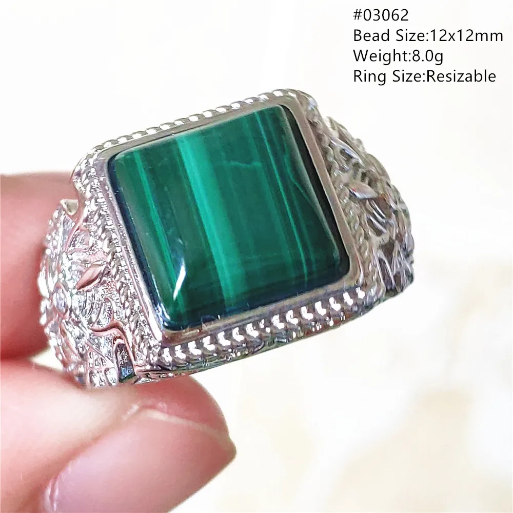 Természetes, Zöld Malachit Chrysocolla Állítható Gyűrű Nő Férfi Téglalap 12 x 12 925 Sterling Ezüst Divat Kő AAAAA