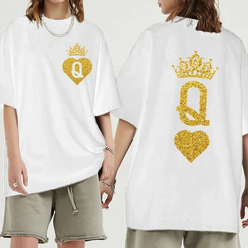 Pár Póló Kétoldalas Nyomtatás Tshirt Férfiak Nők Pamut Túlméretezett Póló Divat Y2k Ruházat, Király, Királynő Póló Párok Ruhák