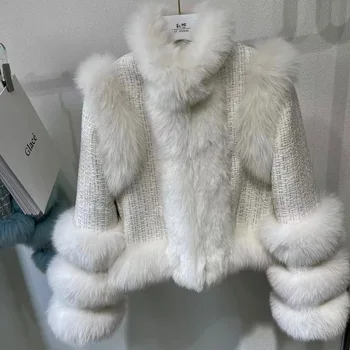 2023 Forró Divatos Új Női Divat Igazi róka bunda, vastag bunda, magas minőségű állvány gallér Természetes tweed prémes ruhát K13