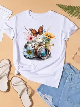A nők Ruhái Kamera Akvarell Virág Trend Grafikus póló Divat Nyomtatás Rövid Ujjú Lady-Top Női Női T-Shirt Póló