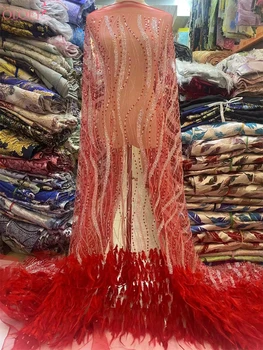 High-End Luxus Kifutón Francia Háló Toll Gyöngyös Csipke Anyagból Afrikai Sequin Szövet Esküvői Ruha