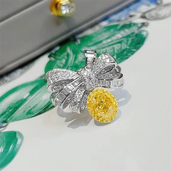 Koreai Temperamentum Édes Sárga Gem Teljes Gyémánt Íj Csomót Nyitó Állítható Sterling Ezüst Gyűrű, Eljegyzési, Esküvői Ajándék