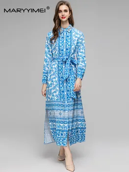 MARYYIMEI Kék Ég Nyomtatás Pán Péter-Gallér egysoros ruha Tavaszi Őszi Gyémánt Lace-Up Elágazás Női Vékony Ruha