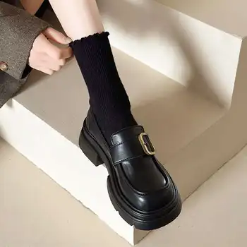 Női Cipő, Platform Alkalmi Női Cipők Naplopók Prémes Lakások Oxford, Kerek Toe Brit Stílus Slip-on Klumpa Ruha Bőr
