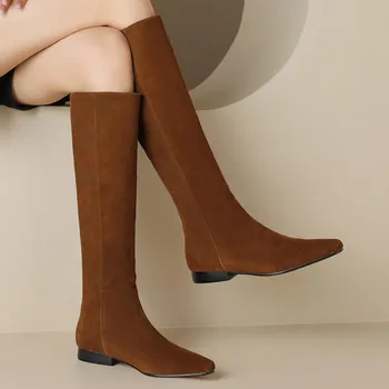 Női velúr bőr természetes slip-on lakások őszi térd csizma kerek toe magas minőségű rakott alkalmi női hosszú csizma cipő