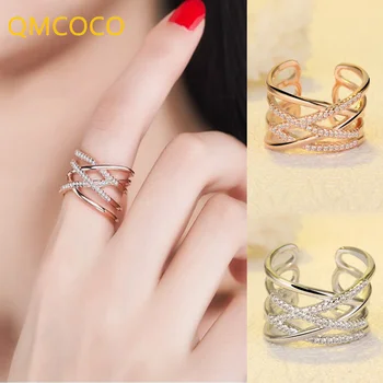 QMCOCO Ezüst Színű Csillogó Aranyozott Gyűrű Finom Elegancia Ékszer Női Divatos Többrétegű Geometriai Esküvő Party Kellékek