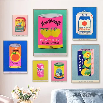 Rózsaszín citromlé Virág Tinta Konzerv Szardínia Paradicsom Wall Art Vászon Festmény Japán Poszterek, Nyomatok, Étterem Szoba Dekoráció