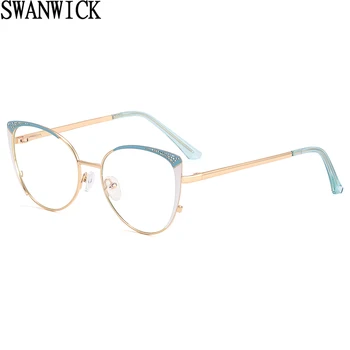 Swanwick, hatósági retro szemüveg nők anti kék fény tiszta lencse macska szemüveg keret optikai kettős híd női kék fehér