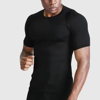 Tömörítés Ing, Fekete Férfi terem T-Shirt Rövid Ujjú Futó Felső Sport Öröm Kerek Nyak egyszínű Nyári Fitness Férfi