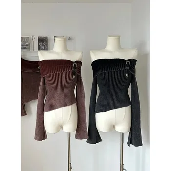 Őszi-téli off-váll hosszú ujjú pulóver bell ujjú Y2K streetwear személyiség kötött pulóver lejtőn nyak felső